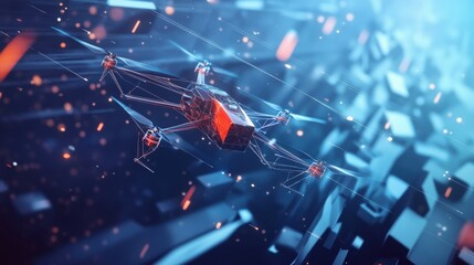 Low polygon racing drone navigates digital obstacles in futuristic environment