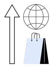 Upward arrow, globe, and shopping bag symbolizing global commerce expansion, online shopping trends, and market growth. Ideal for business, trade, eCommerce, globalization retail economy success
