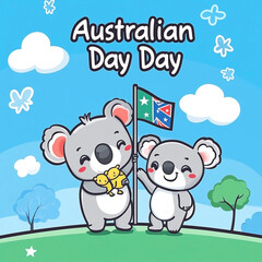 Obraz premium Adorable Kawaii Australian Day Celebration with Koalas and Kangaroos