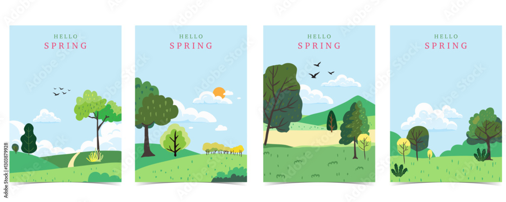 Wall mural spring landscape background with mountain and tree for a4 vertical design