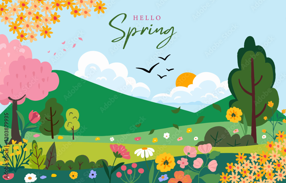 Poster spring landscape background with mountain and tree for horizontal design