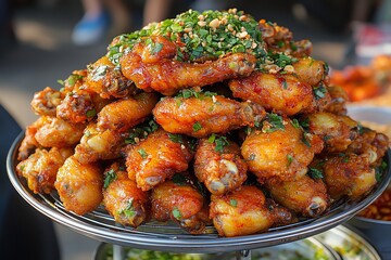Fototapeta premium Serving Pile of Crispy Fried Chicken Wings with Green Onion Garnish