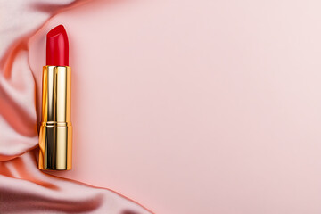 Obraz premium Vibrant red lipstick beauty studio product photography soft background close-up makeup essentials