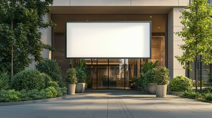 Hotel entrance promotional banner display in urban landscape - daytime hospitality mockup