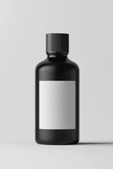 Fototapeta premium Minimalist product label mockup on sleek black bottle modern studio advertising concept