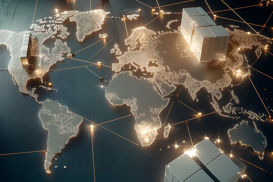 Global supply chain management overview digital world map infographic business environment aerial view logistics concept