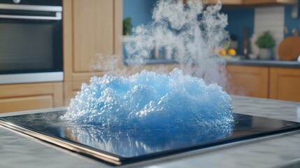 Blue Foam Erupting from Surface in Modern Kitchen Setting