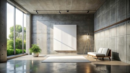 Obraz premium Minimalist Interior with Large Canvas on Concrete Wall in Soft Natural Light - Modern Architecture, Clean Lines, Contemporary Design, Spaciousness, Artistic Ambiance, Tranquil Environment