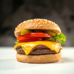 Mouthwatering burger with sesame seed bun, juicy patties, cheese, tomato, lettuce, and pickles.