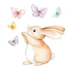 cute bunny playing with colorful butterflies in whimsical scene