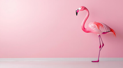 Elegant flamingo walking on pink wall studio photography minimalist design bright environment close-up perspective