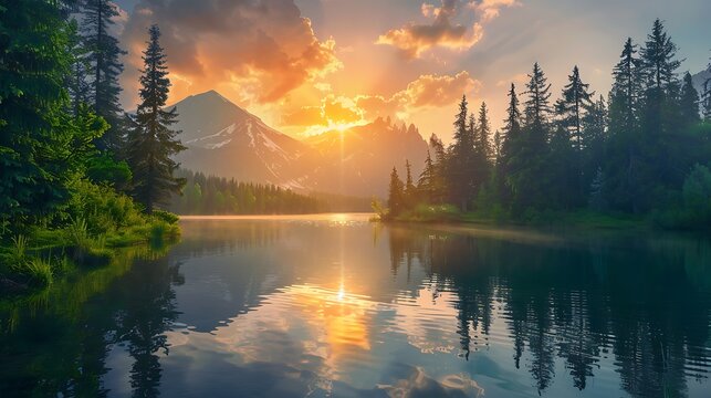 Green trees near lake and mountain during sunset