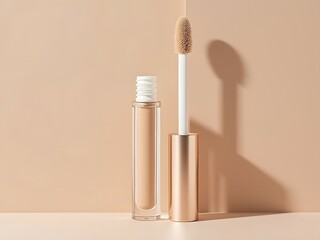Beauty concealer applicator with transparent tube and gold accents isolated on beige background. Liquid concealer, facial correction, BB cream, skincare product and professional make-up