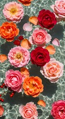Fototapeta premium Vibrant Orange and Pink Roses Floating in Crystal-Clear Water – Stock Photo, Elegant Rose Blossoms in a Serene Water Pool, ai generated, Beautiful Floating Roses Stock Photo ai generated