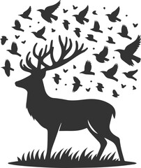 A deer standing with a flock of birds flying overhead animal vector silhouette