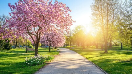 Picturesque Springtime Park Path with Cherry Blossoms