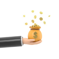 Businessman hand holding green money bag with golden coins. Concept of attraction coins. Financial metaphor, revealing the concept of cashback and making money