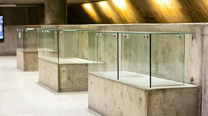 Modern Architectural Interior with Glass Displays and Concrete Walls