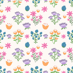 Seamless Floral Pattern with Whimsical Flowers, Cute Colorful Flower Pattern for Fabric and Design, Vector Repeat Pattern with Hand-Drawn Style Flowers, Retro Inspired Floral Pattern in Pastel Colors