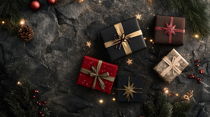 Christmas gift boxes top view background under a decorated with festive ribbons and golden accents