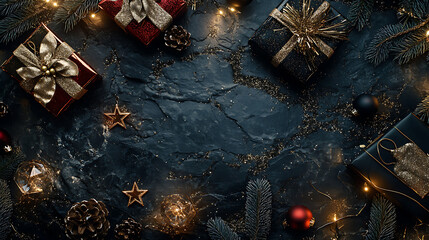 Christmas gift boxes top view background under a decorated with festive ribbons and golden accents