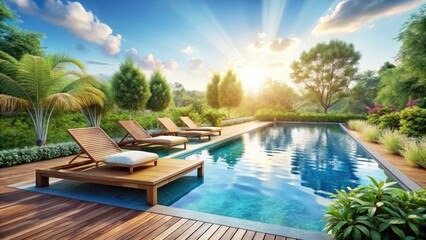 Fototapeta premium Serene Swimming Pool Landscape with Wooden Sun Beds, Relaxing Atmosphere and Ample Copy Space for Text - Ideal for Summertime Retreats and Relaxation Themes