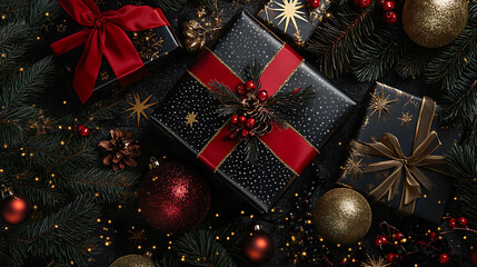 Christmas gift boxes top view background under a decorated with festive ribbons and golden accents