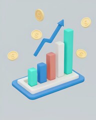 Colorful 3D Graph Representation with Coin Icons Depicting Financial Growth and Success