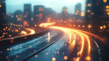 Obraz premium High-speed highway in a futuristic city with motion blur. Abstract 3D rendering symbolizing business leadership, fast-paced technology, and urban development.
