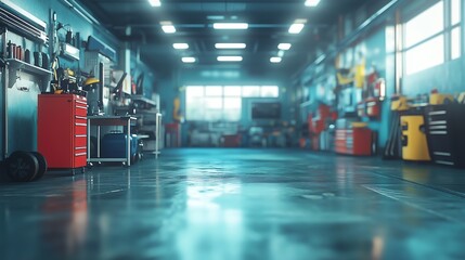 Abstract blurred vector illustration of a car garage interior, soft defocused details, modern auto repair workshop with ample copy space, ideal for automotive industry visuals.