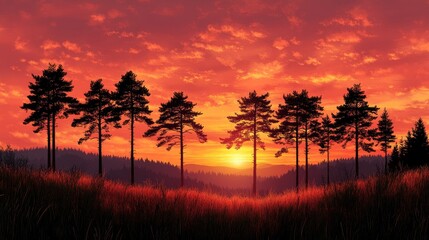 Fototapeta premium Silhouettes of Pines at Sunset Over Hills