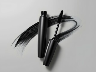 Black mascara tube with dramatic black swatches on gray background. Mascara packaging with striking black mascara swatches that demonstrate the product's intensity. Beauty and makeup concept