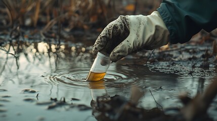 Obraz premium Gloved hand collecting water sample in a test tube from a polluted lake for analysis.