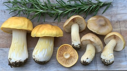 Fresh Golden Yellow Mushrooms Rosemary Sprigs on Wooden Board