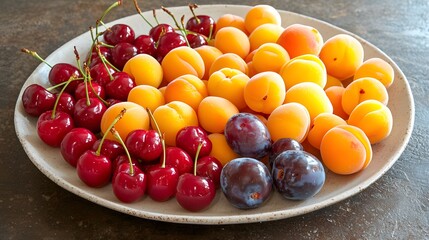 Fresh Summer Fruits Cherries Apricots and Plums on a Plate