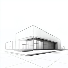 Modern urban building in a minimalist black and white outline. A futuristic abstract architecture illustration with clean geometric lines and soft shadows.
