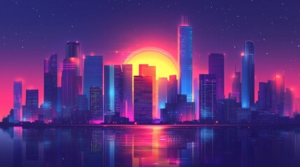 Fototapeta premium Modern cityscape with neon light effects. A minimalist abstract digital architecture illustration with clean geometric design and ample copy space for text.