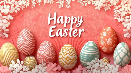 A festive Easter greeting card featuring Happy Easter, surrounded by decorated eggs with intricate patterns and delicate floral elements on a bright background.