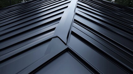 Obraz premium Flat vector design of a metal roofing sheet pattern with geometric diagonal lines in deep black, modern industrial minimalist style, ample copy space for construction or industrial use.