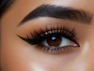 Obraz premium Close-up of a woman's brown eye with natural black eyebrow, full false eyelashes and winged eyeliner, glowing tan skin. Eye makeup, beauty and cosmetics concept