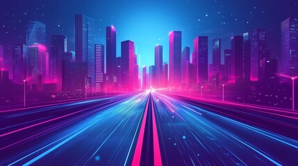 Futuristic highway scene with motion blur, neon blue and purple lighting, and minimal abstract cityscape, representing high-speed business technology in a flat vector illustration.