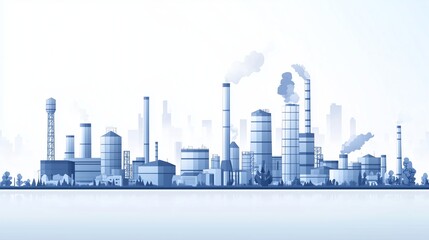 Obraz premium Industrial cityscape in thin line style. White background with geometric factories, plants, and residential structures. Subtle gray-blue gradients and copy space.