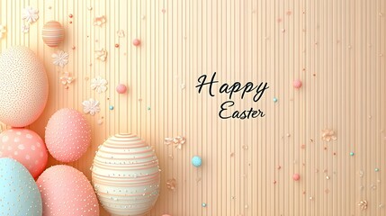 A pastel-colored Easter greeting card features Happy Easter text, decorated eggs, delicate flowers, and sparkling details on a striped background