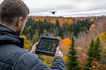 A tree expert using a drone to survey a large forested area. The tablet screen shows a birdâ€™s-eye view of the trees below.
