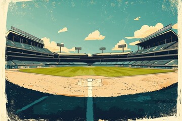 A vintage baseball stadium viewed during a clear and sunny day