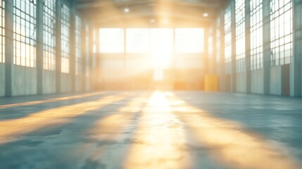 Blurred industrial factory interior with soft sunlight filtering through large warehouse windows, featuring abstract shapes and light pastel tones for a calm, minimal design.