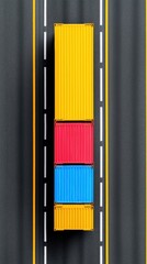 Colorful shipping containers stacked on a highway