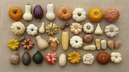 Autumn Harvest Diverse Collection of Gourds Pumpkins and Squash on Burlap