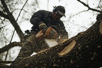 A tree worker using a chainsaw to trim a large branch. Sawdust fills the air as the cut section slowly falls.