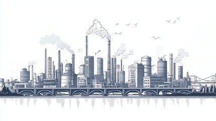 Naklejka premium Industrial city vector illustration with thin line art, minimal buildings and factories, bridge, and traffic elements on a white background, offering a clean, detailed view of urban industry.
